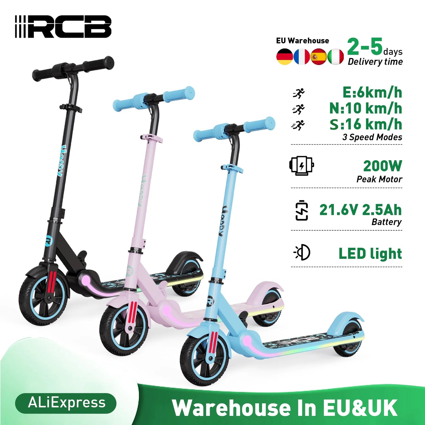 Electric Scooter for Kids, 150W Motor - Max 9.3mph - Bluetooth Speaker - Colorful LED Lights - Foldable - LED Display