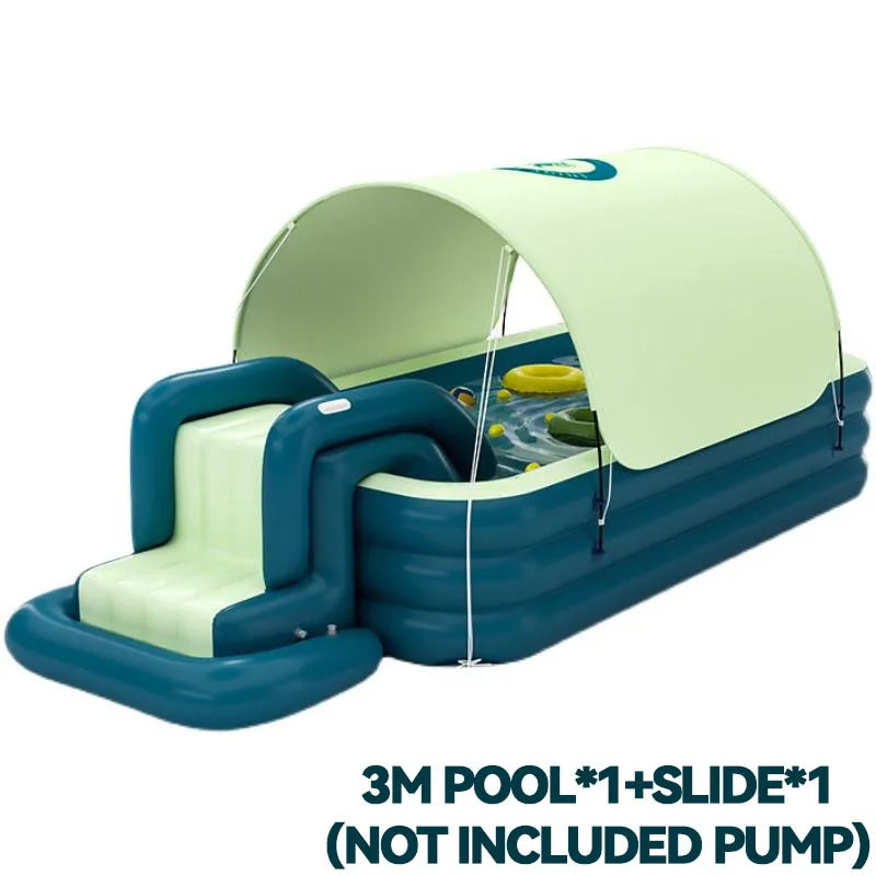 Home Villa Outdoor Large Size 3M Foldable Inflatable Water Pool with Sun Canopy and Slide, Children's Family Swimming Pool for Outdoor Party & Baby Water Fun Summer Water Sport Games