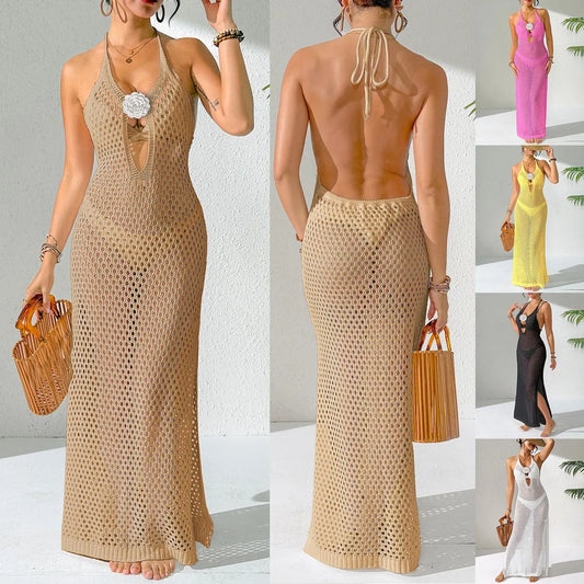 5 Colors S-XL Size Women's V-Neck Knitted Wrap Dress with Side Slit Hollow out Backless Design Waist-cinching Bateau Sleeveless Beachwear Swimsuit Bikini Swimwear Cover Up Maxi Dress
