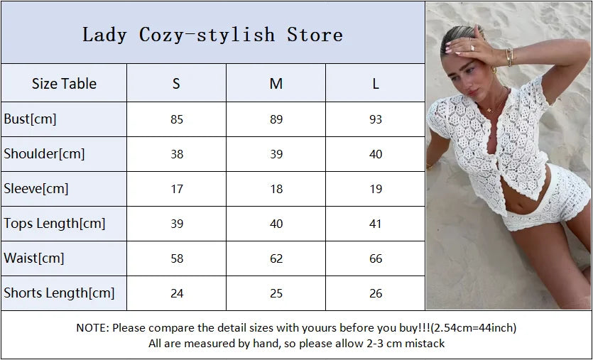 NEW Arrivals UK Size Sexy Women Crochet Hollow Out Patchwork Top Suits Fashion Round Neck Cardigan Crop Shorts Sets Summer Female Beach Party Outfit