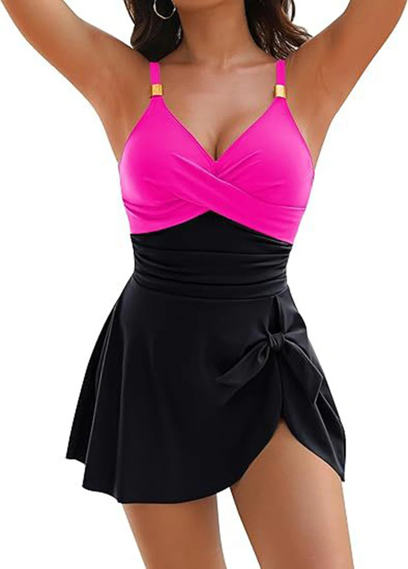 New Women Swim Dress Tummy Control Sexy One Piece Slim & Comfortable Ruched & Cross Swimwear Elastic Beachwear Bikini Cover Ups Dress Female Bathing Apparel Summer Beach Clothing Supplies