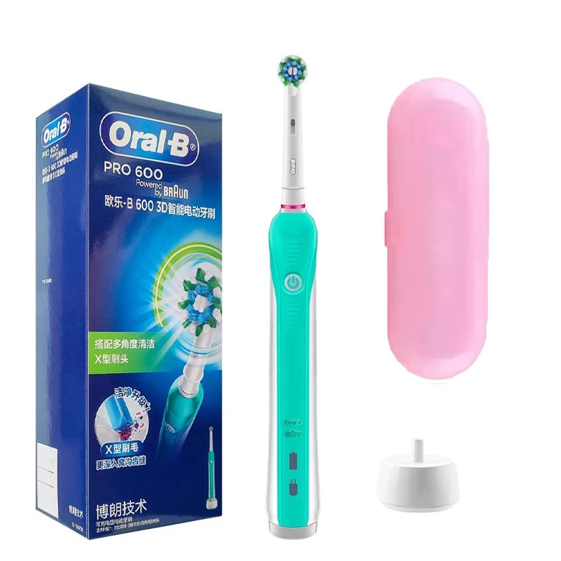 Original Oral B PRO 600 Electric Toothbrush 2-Minute Intelligent Timing + 8 Heads + Box Full Set Daily Clean Teeth Visible Pressure Sensor Waterproof Rechargeable Women Men Oral Hygiene Accessories Personal Care Supplies