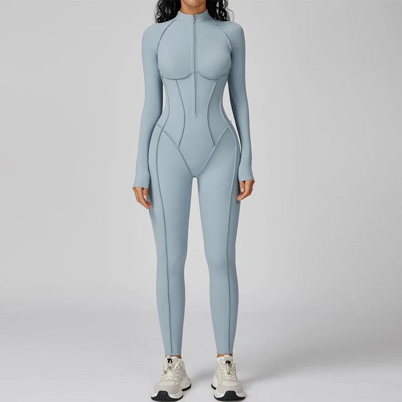 5 Colors Women's Running Onesie Athletic Romper Pants Long Sleeve Zip Up Hiking Outfits One Piece Workout Bodycon Jumpsuits emale Sports Apparel Supplies