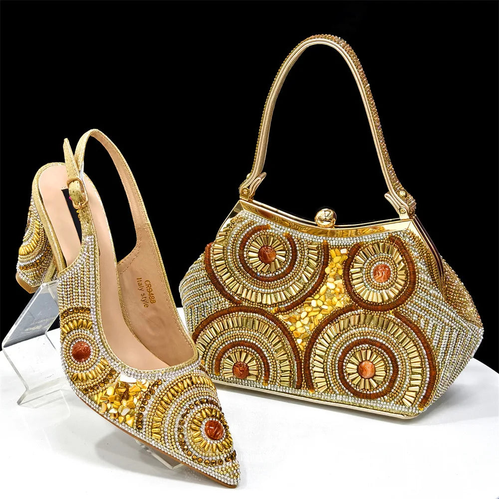 8 Colors High-End Matching Women's Luxury Shoes with Diamond Hard Box Bag Popular in Nigeria Evening Wedding Party Women's High Heels Shoes Apparel Sets