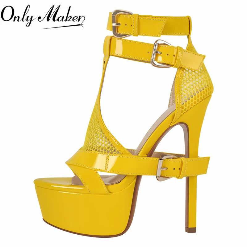White/Black/Yellow Color  Women Yellow Mesh Buckle Peep Toe Platform Sandals Thin Heels Ankle Strap Buckle Dress Sexy Party Stiletto Sandals