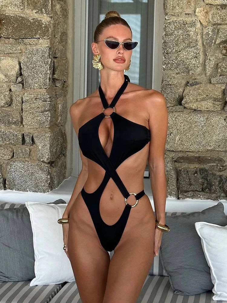 New Arrivals Sexy Women One Piece Swimsuit Swimwear Suit Bandeau Solid Strappy Halter Hollow Out Beachwear Bathing Suit Monokini Girls Ladies Summer Beach Wear