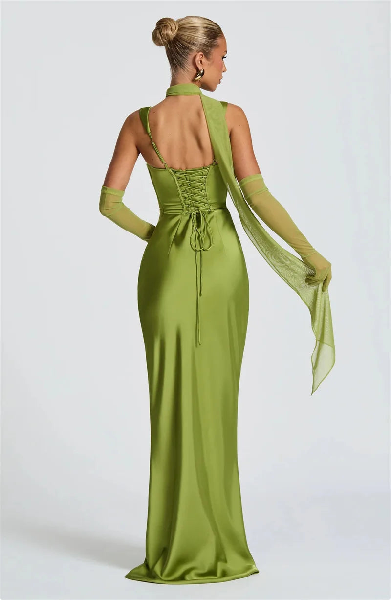 4 Colors  Satin Backless UK Size Sexy Luxury Maxi Dress Women Elegant Halter Off-Shoulder Sleeveless Lace-Up Bodycon Evening Wedding Guest Business Party Celebrity Long Dresses.