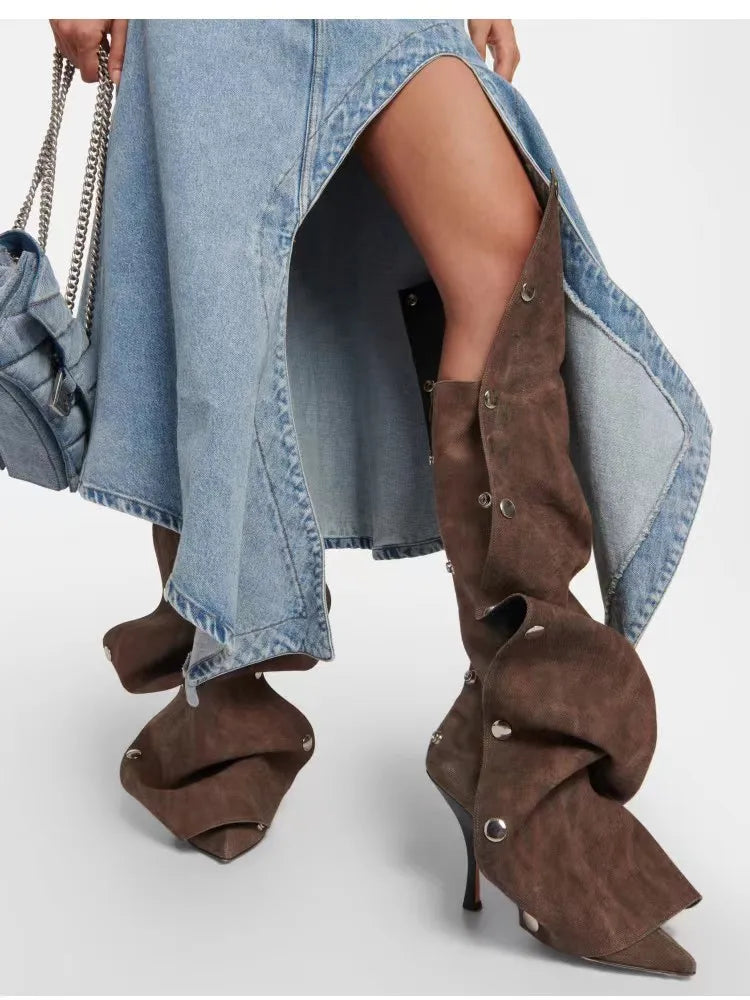 Just Arrived 7 Colors High Heel Long Boots for Women Botte Winter Boots Shoes Botas Mujer Thin Heeled Pointed Leather Denim Metal Button Shoe s Women Casual Apparel Accessories