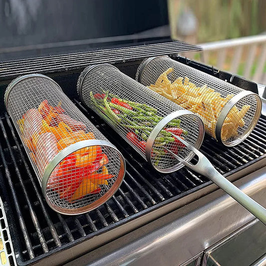 BBQ Basket Stainless Steel Rolling Grilling Basket Wire Mesh Cylinder Grill Basket Portable Round Outdoor Camping Barbeque Rack