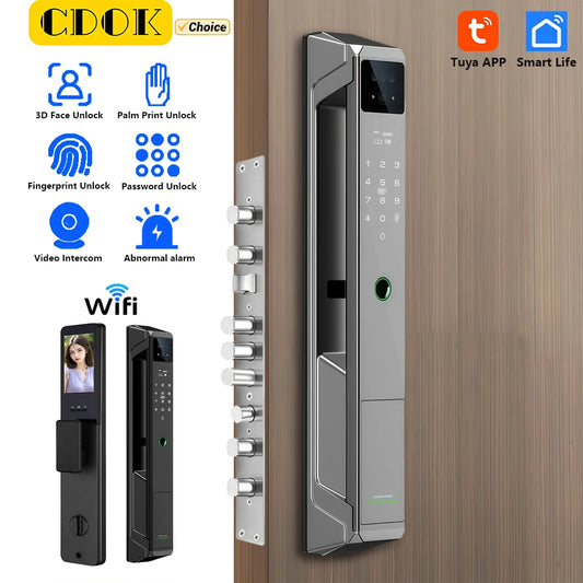 NEW Arrivals P8 TUYA App Wi-Fi Smart Lock, 21 Languages, Remote Video Call Intercom, Face-Palm IC Card Unlock, Black/Gray Anti Theft Top Quality Security System Home Apartments Office Security Supplies