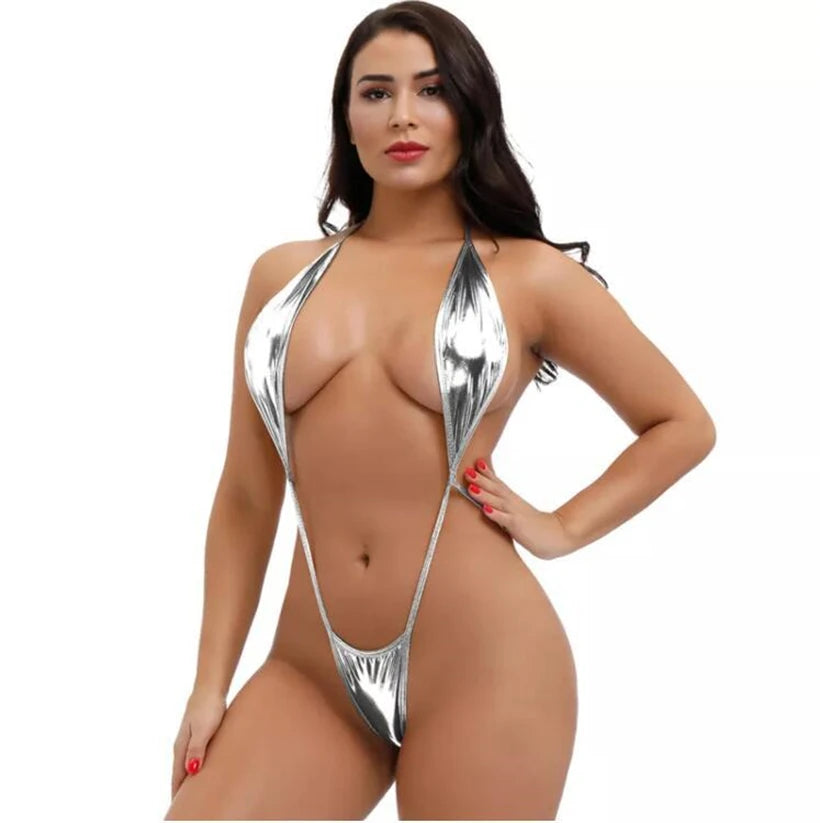 Women Exotic Shiny Teddies Halter Lace-Up Deep V Backless Lingerie Suit Micro Thong Bikini Set One-piece Swimsuit Sexy Beachwear