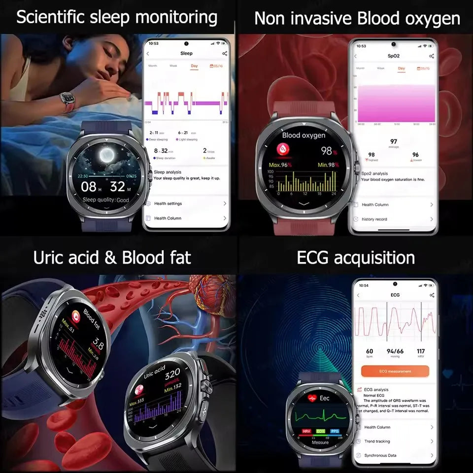 NEW Sapphire Smart Watches Blood Pressure Health Monitoring Blood Lipid Uric Acid ECG PPG NFC Call Health Smartwatch For Android iOS Sports Health Care Supplies
