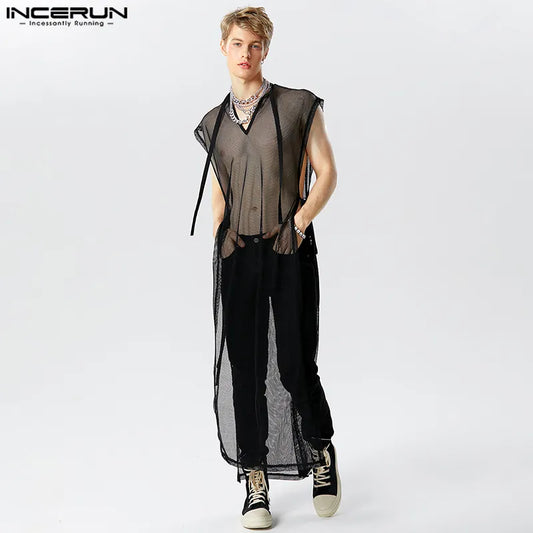 Stylish Casual Style Tops INCERUN Men's Sexy See-through Mesh Long-style Tank Tops Male V-neck Strap Sleeveless Thin Vests S-5XL