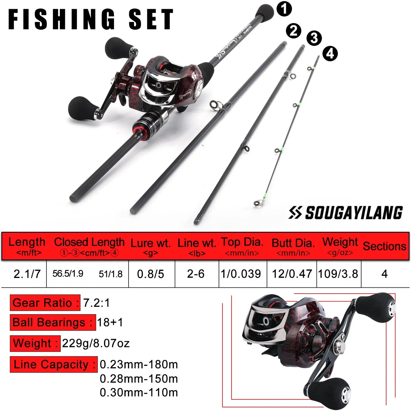 NEW Fishing Set Left/Right  Lure Rod Fishing Combo 2.1m 4 Section Carbon Fiber Rod 7.2:1 Gear Ratio Magnetic Brake System Fishing Left/Right Reel Fishing Kit Ocean Lake River Professional Fishing Supplies