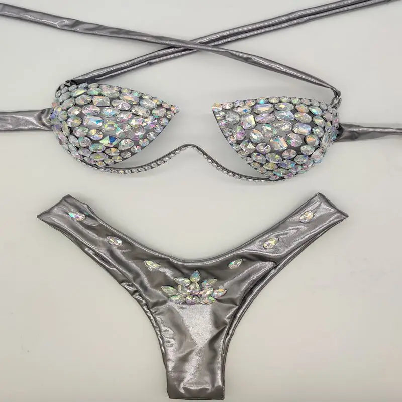 Sexy Halter Crystal Swimwear Women Push Up Bikinis Rhinestone Diamond Luxury Women Bathing Suits Bandage Female Swimsuits