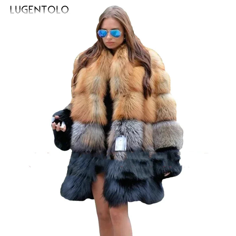 BIG SAVE "S-4XL" Luxury High Quality Women Long Faux Fur Coat Winter Snow Streetwear Fashion Supplies Large Size Thick Warm Fur Jacket Yellow and Black Contrast Stitching Cardigan Cloth Girls Office Ladies Winter Luxury Fashi