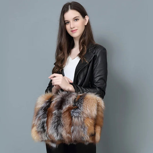 Super Luxurious Real Fox Mink Fur Handbags Winter Women Leather Bag Fashion Shoulder Bags Real Silver Fox Fur Messenger Bags Female Evening Party Bag Outdoor Travel Bags Ladies Luxury Winter Fashion Clothing Accessories Produ