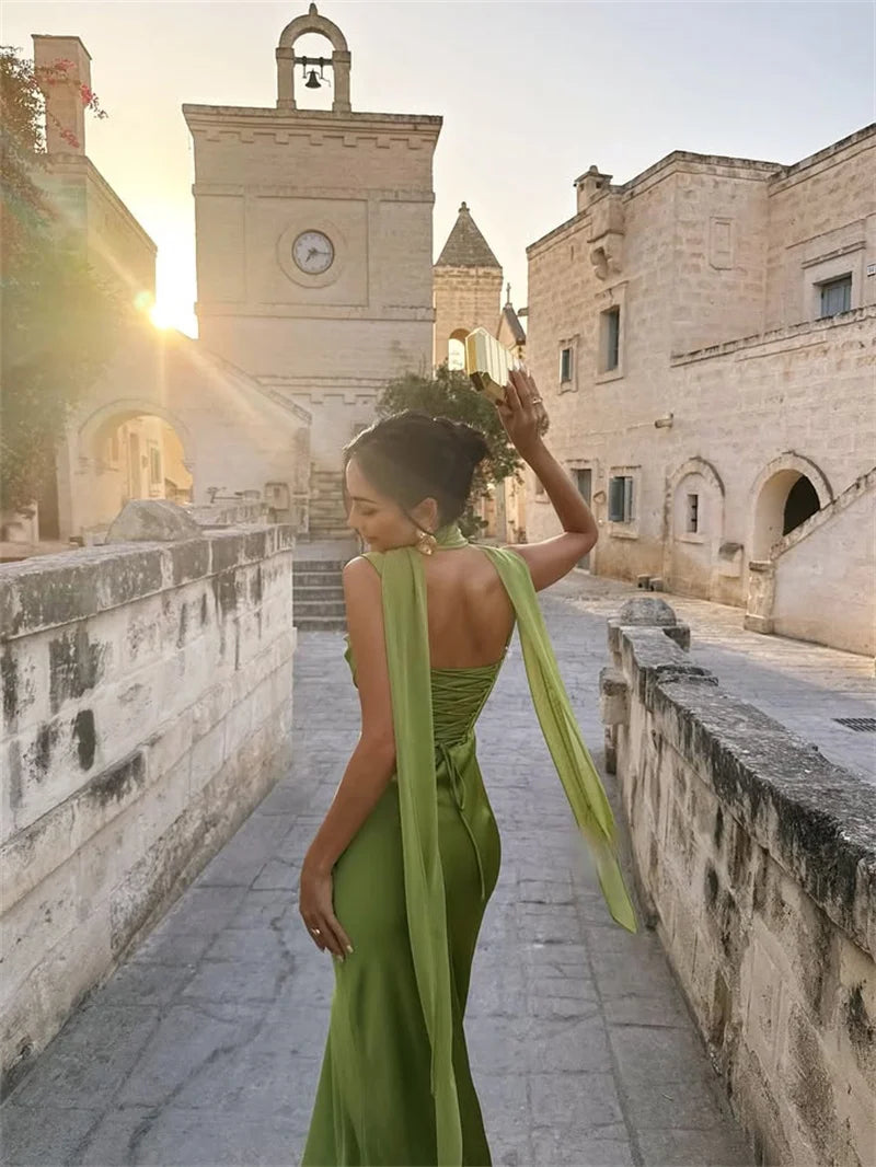 4 Colors  Satin Backless UK Size Sexy Luxury Maxi Dress Women Elegant Halter Off-Shoulder Sleeveless Lace-Up Bodycon Evening Wedding Guest Business Party Celebrity Long Dresses.