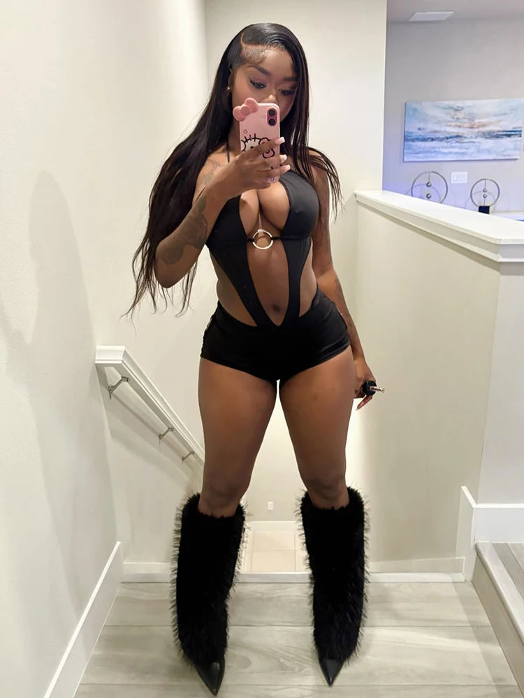 Sexy Hot Girl  Lace-Up Halter Playsuits Woman Sexy Hollow Design Metal Rings Patchwork Backless Skinny Peach Hip Hot Girls Wild Rompers Night Clubwear Evening Beach Party Clothes