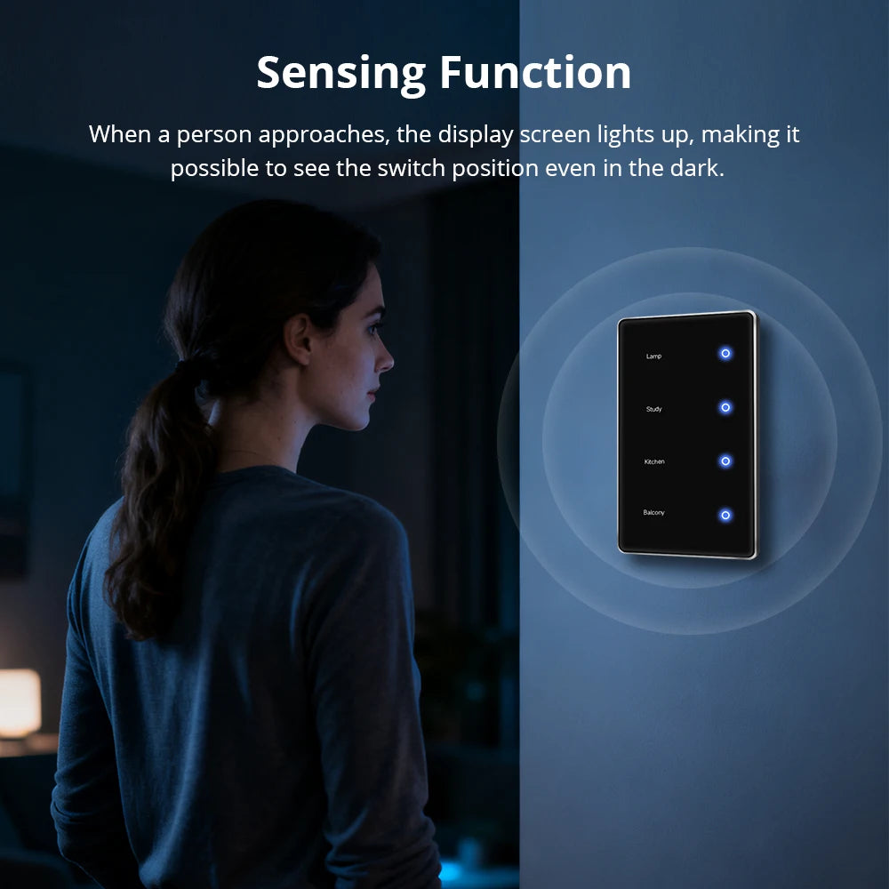 4 Gangs Zigbee Smart DIY Name Lights Switch Sensing Function Voice Control Black Panel Touch Screen Light Switches US Type Neutral Required Works with TUYA App Control  Smart Life App