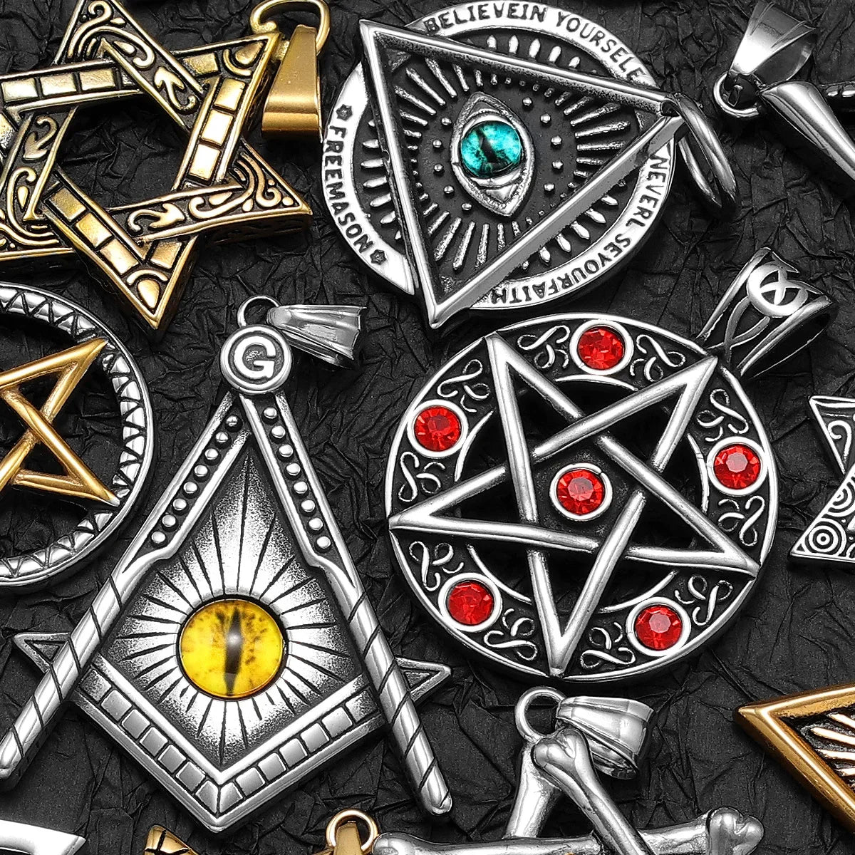 38 Types Illuminati's Masonic Hexagram Salomon Star of David Masonic Stainless Steel Men Necklaces Pendant Chain Punk New in For Women Fashion Secret Society Jewelry Gifts