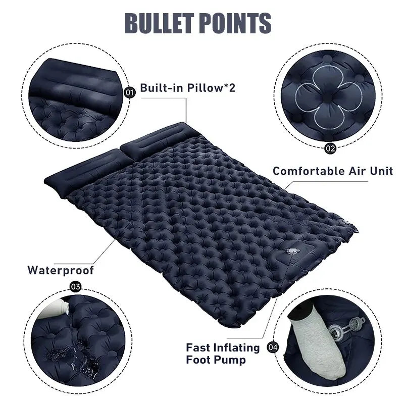 Double Inflatable Mattress with Built-in Pillow Pump Outdoor Sleeping Pad Camping Air Mat for Travel Backpacking Hiking