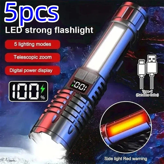 5 PCS Set LED Flashlight High Power Powerful TYPE-C Rechargeable COB Flashlight With Side Light Torch For Outdoor Camping Hiking