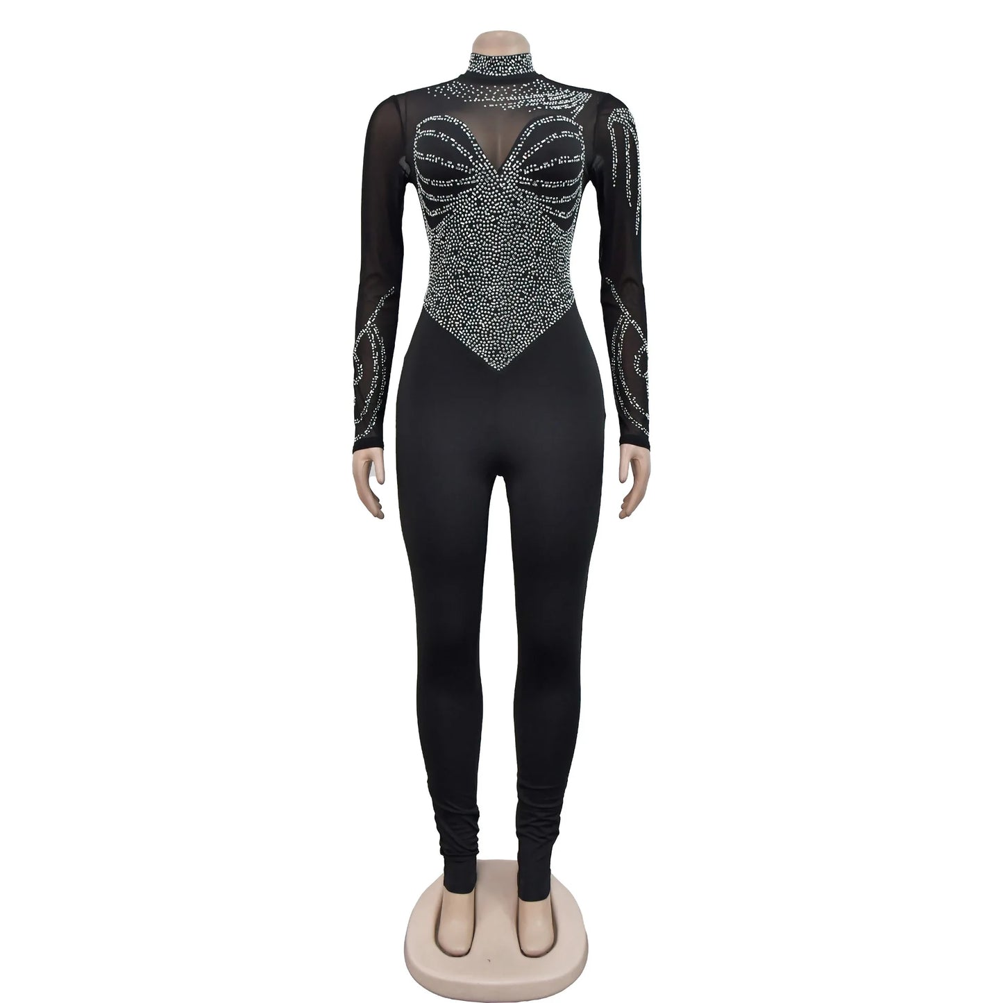 Sexy Bodycon Women Jumpsuit Female See Through Rompers Fashion Diamonds Girl's Party Club Overalls Lady's Skinny Jumpsuits