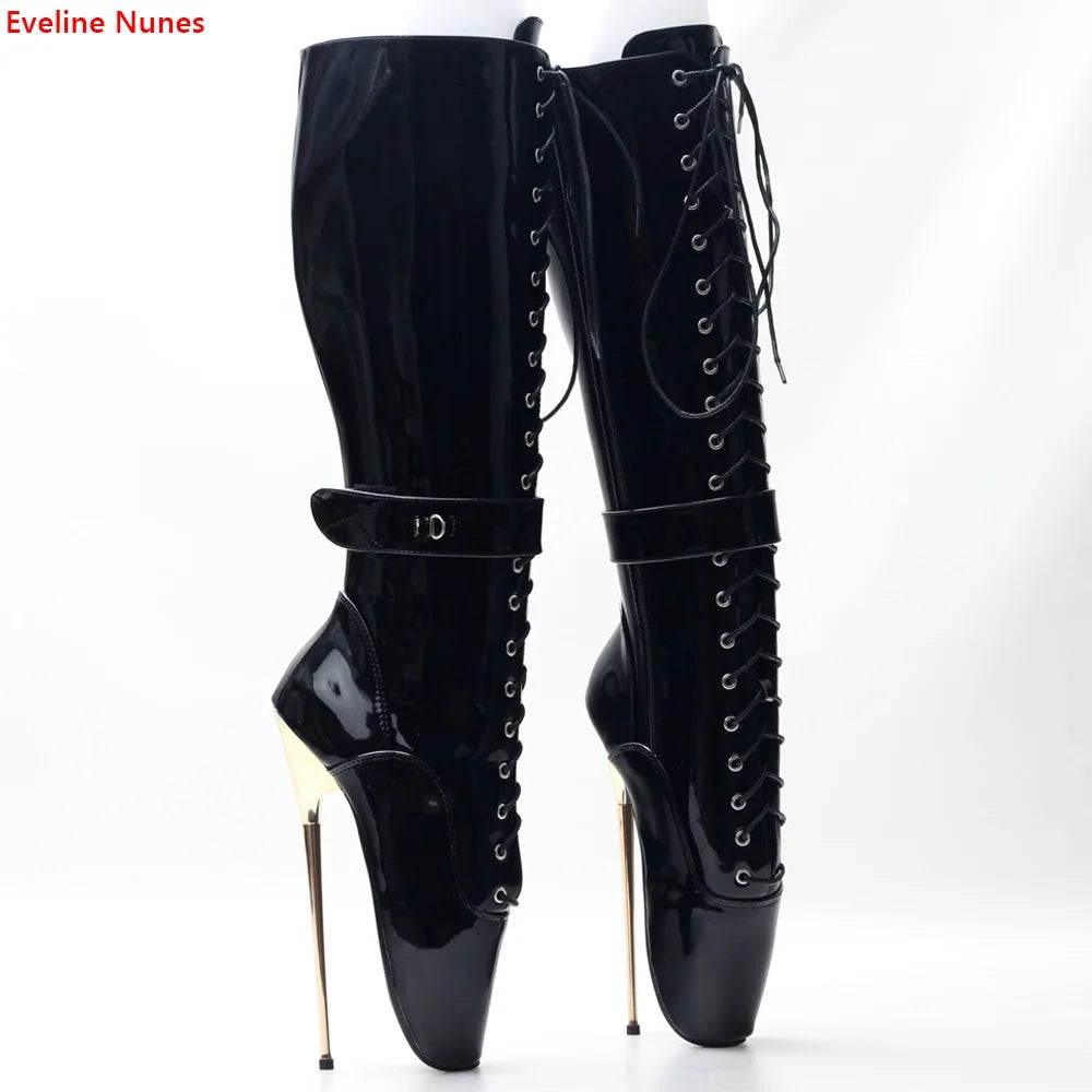 Ballet Lace Up Mid Boots New Arrival Women's Solid Summer Round Toe Super Metal Thin Heel 20CM Fashion Sexy Black Shoes