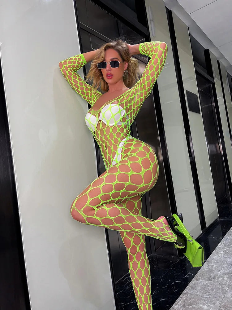 Sexy Halter Fishnet Bodystocking See Through Hollow Open Crotch Mesh BodySuit Women's Lingerie Underwear