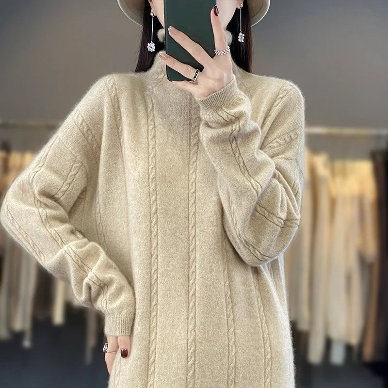 4 Colors 100% Pure Cashmere Dress High Collar Women's Winter Warm New Style Slimming Fashionable Versatile Loose Wool Long Dress