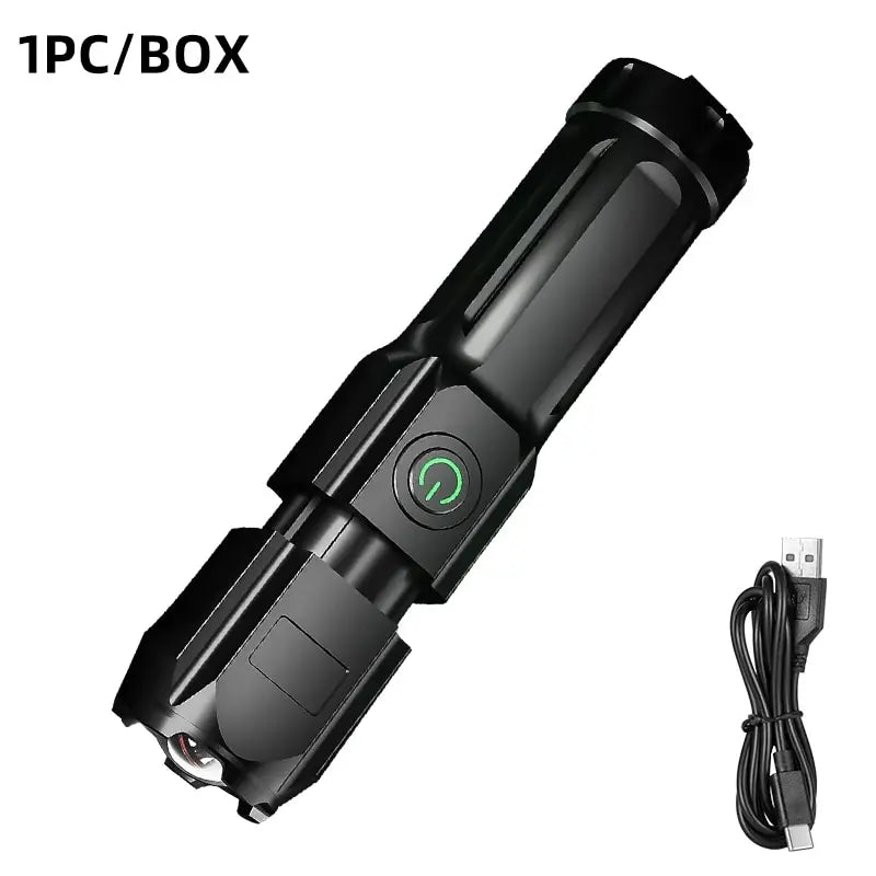Outdoor Travel Hiking Camping Telescopic Zoom Tactical Flashlights Rechargeable LED Torch 4 Lighting Modes Long-Range Waterproof Camping Fishing Flashlight