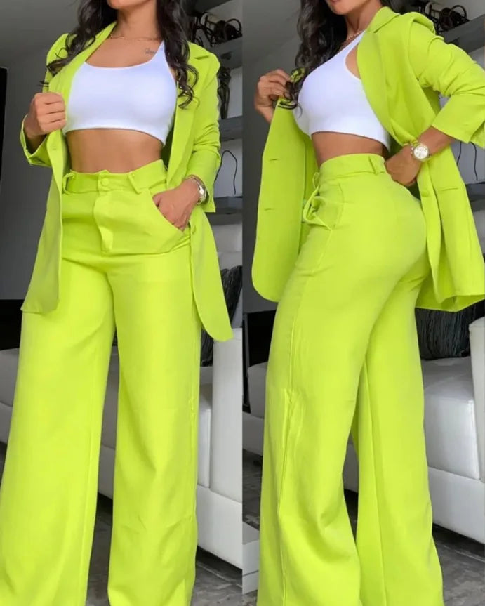 NEW Arrivals 2PCS Set UK Size S(8)-3XL(20) 4 Colors Woman Elegant Luxury Blazer Sets New Autumn Spring Fashion Women's Notched Collar Coat + Pocket Design Pants Set Work Commuting