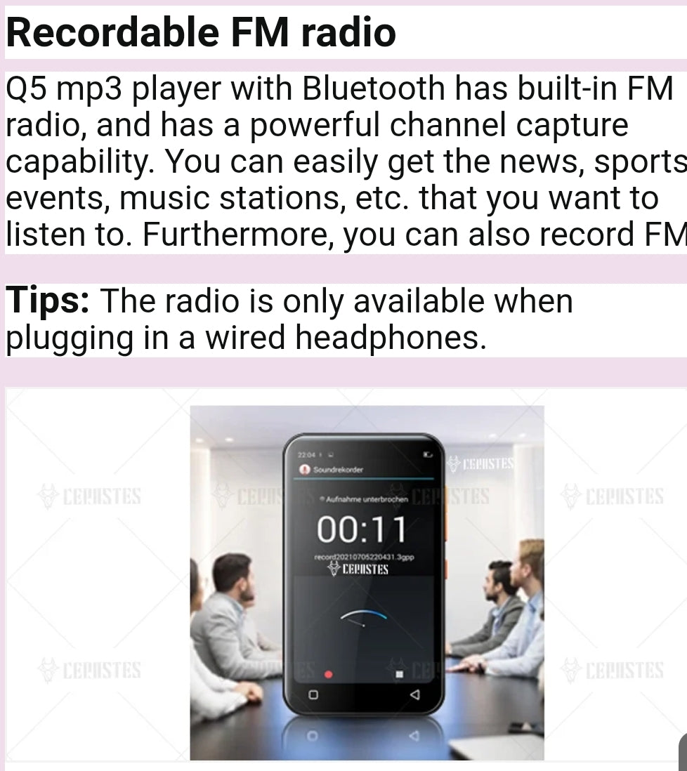 Portable WiFi MP4 Player Bluetooth MP5 HiFi Sound Music  MP3 Player 4.0 "Full Touch Screen FM/Recorder/Browser/Support Max 512GB