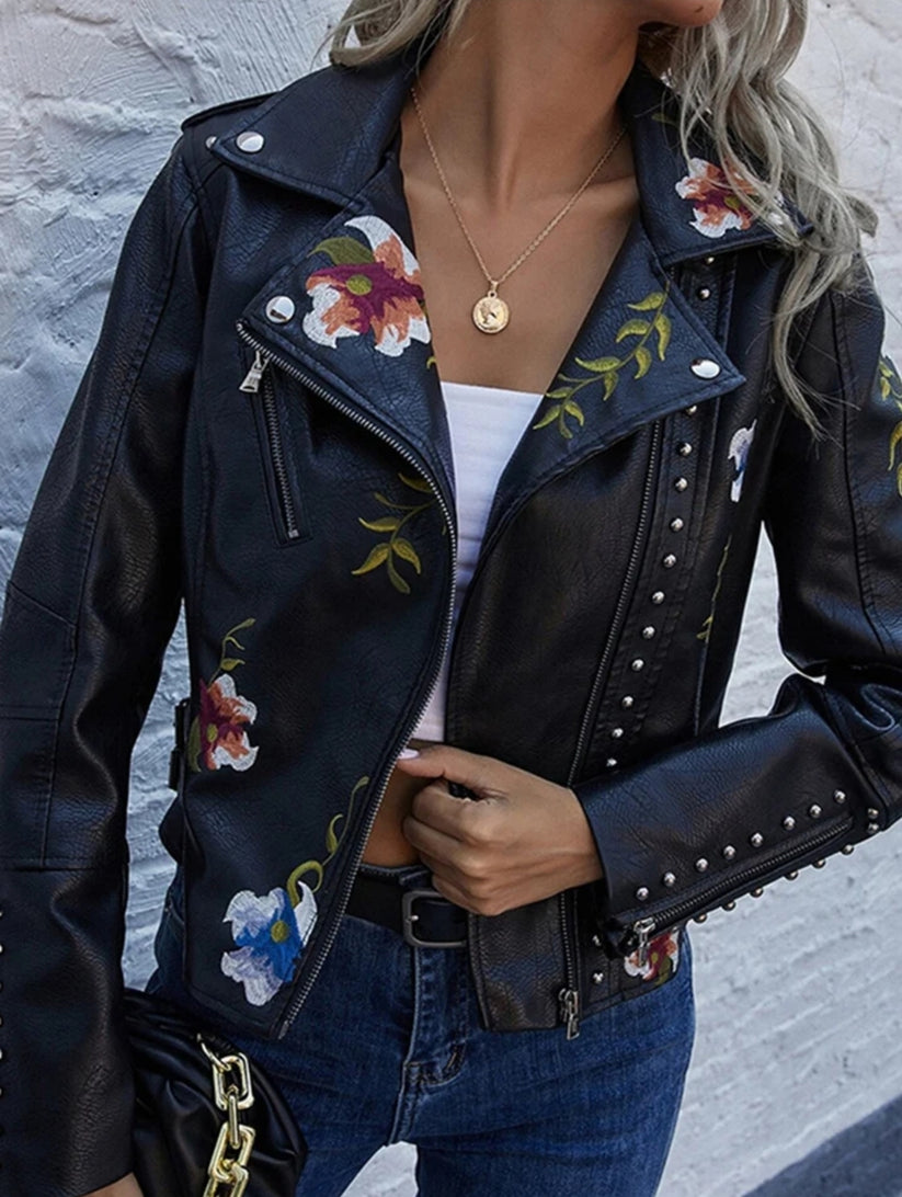 Women's Floral Print Embroidery Faux Soft Leather Jacket, Punk Rivet Outerwear, Black, Punk, Motorcycle Coat, Faux, Female