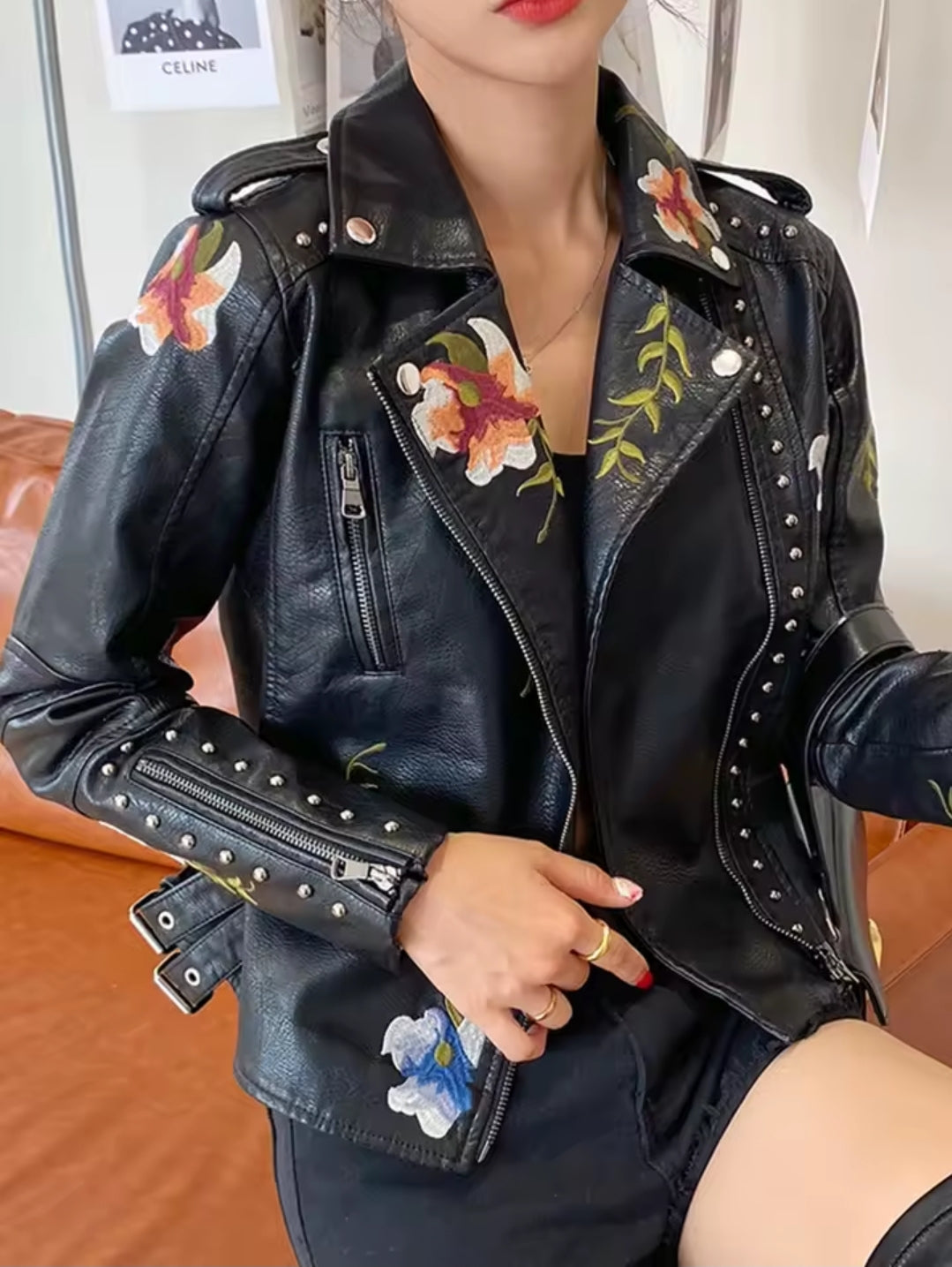 Women's Floral Print Embroidery Faux Soft Leather Jacket, Punk Rivet Outerwear, Black, Punk, Motorcycle Coat, Faux, Female