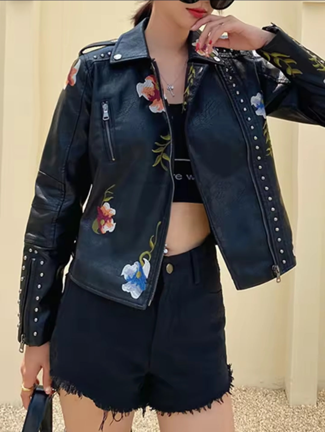 Women's Floral Print Embroidery Faux Soft Leather Jacket, Punk Rivet Outerwear, Black, Punk, Motorcycle Coat, Faux, Female