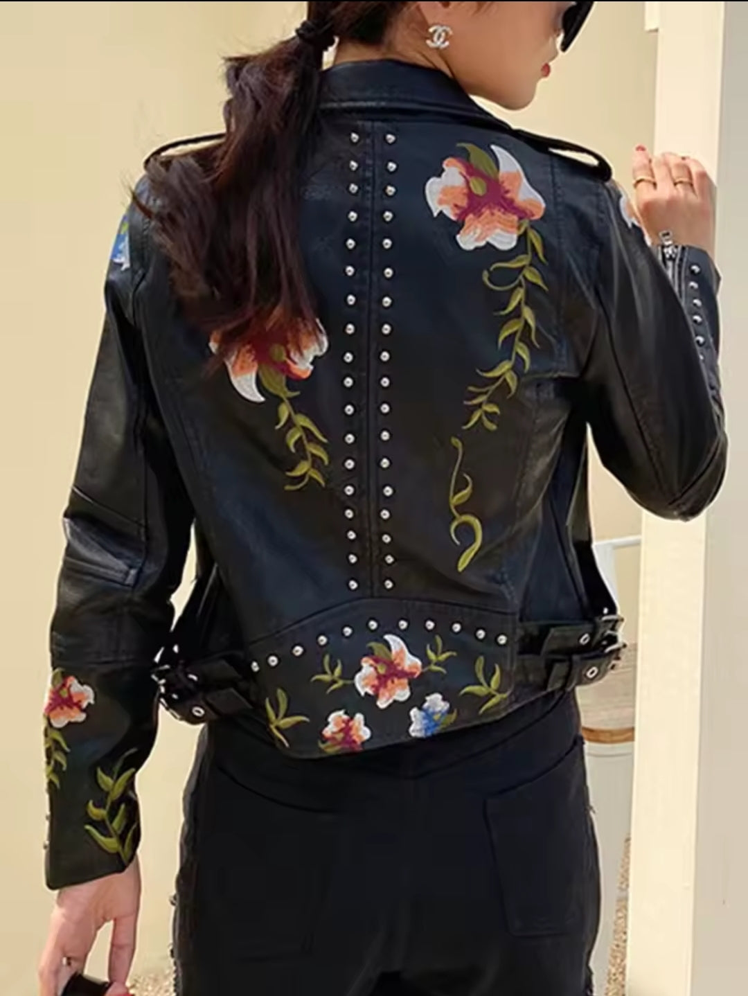 Women's Floral Print Embroidery Faux Soft Leather Jacket, Punk Rivet Outerwear, Black, Punk, Motorcycle Coat, Faux, Female