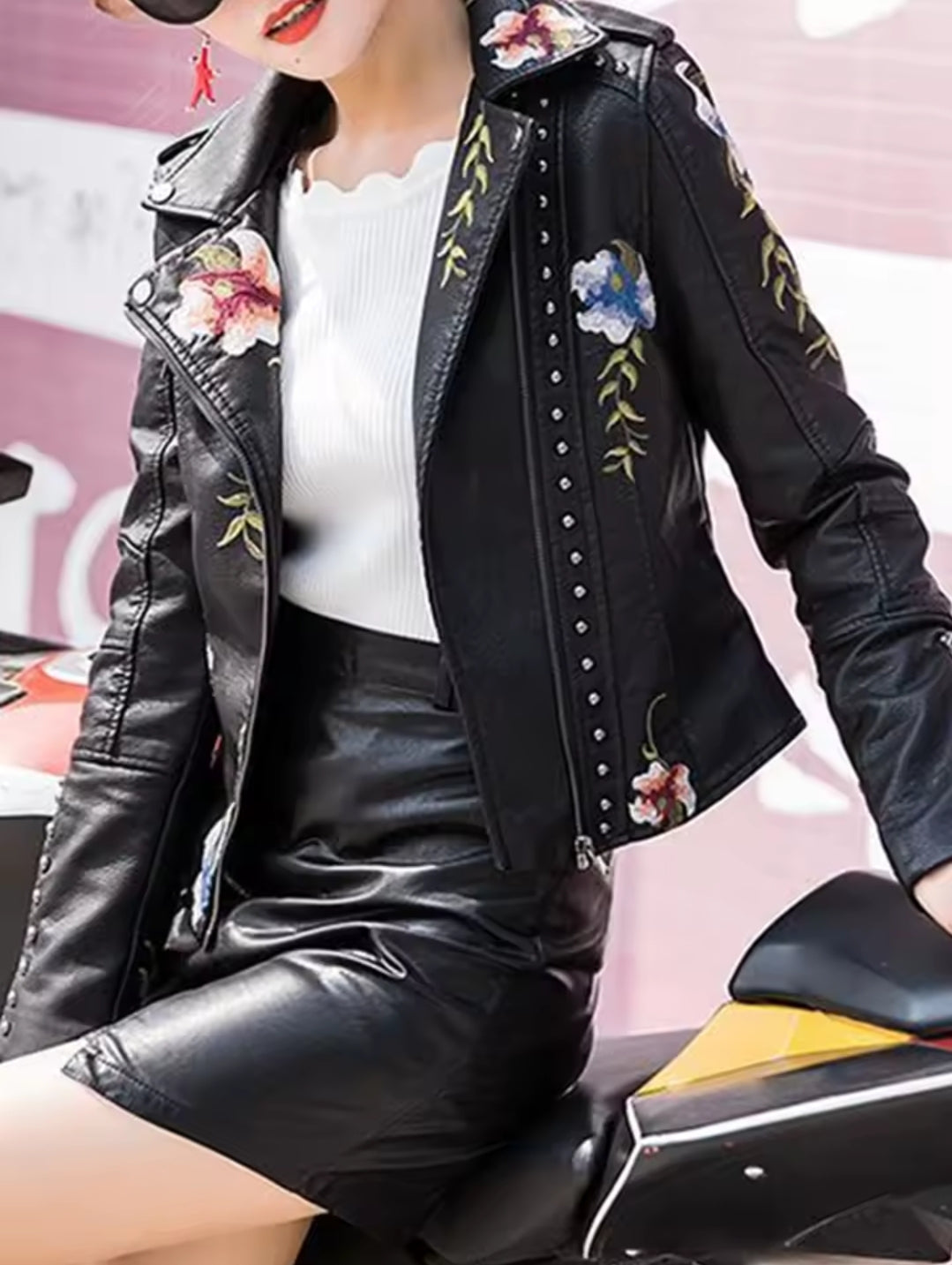 Women's Floral Print Embroidery Faux Soft Leather Jacket, Punk Rivet Outerwear, Black, Punk, Motorcycle Coat, Faux, Female