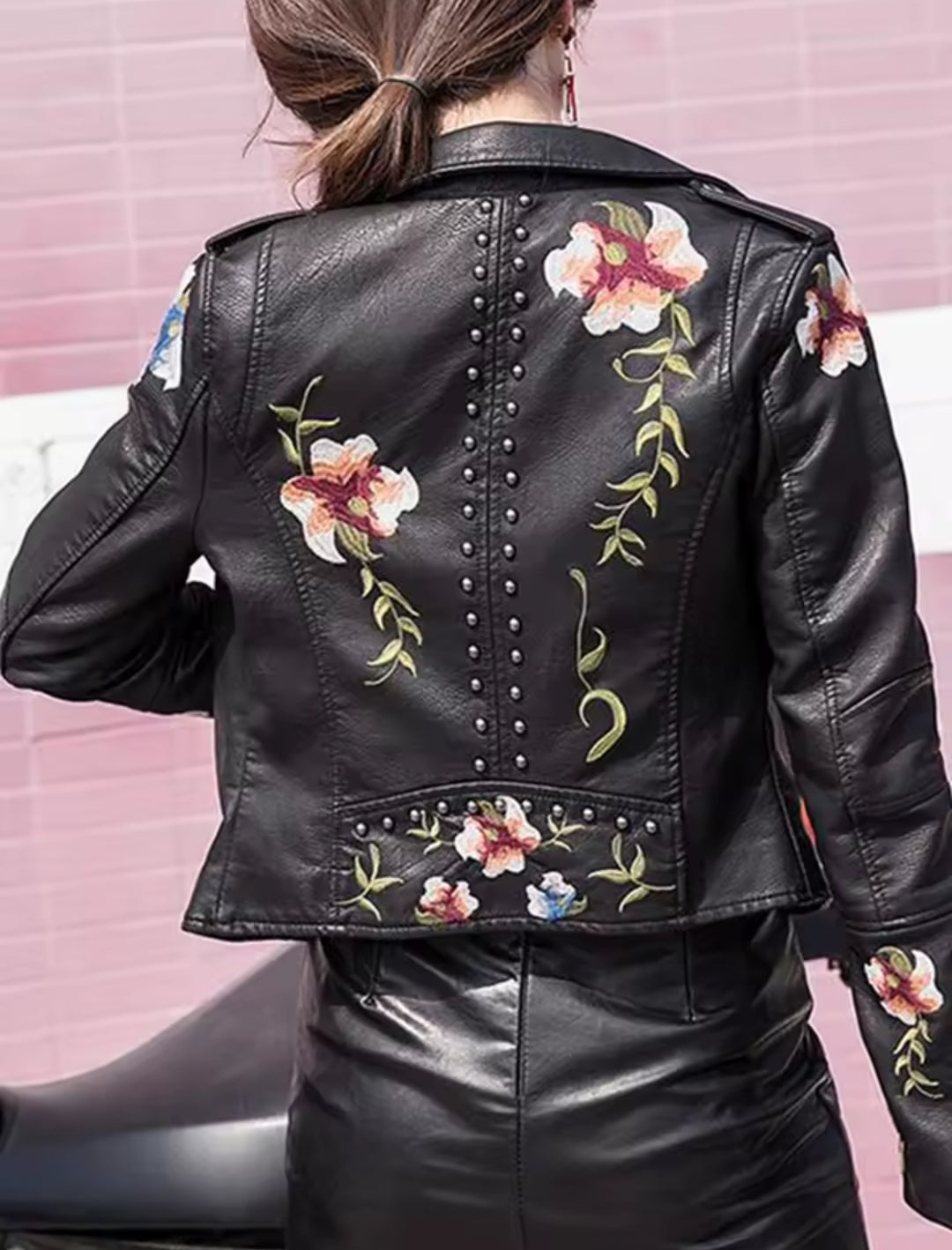 Women's Floral Print Embroidery Faux Soft Leather Jacket, Punk Rivet Outerwear, Black, Punk, Motorcycle Coat, Faux, Female