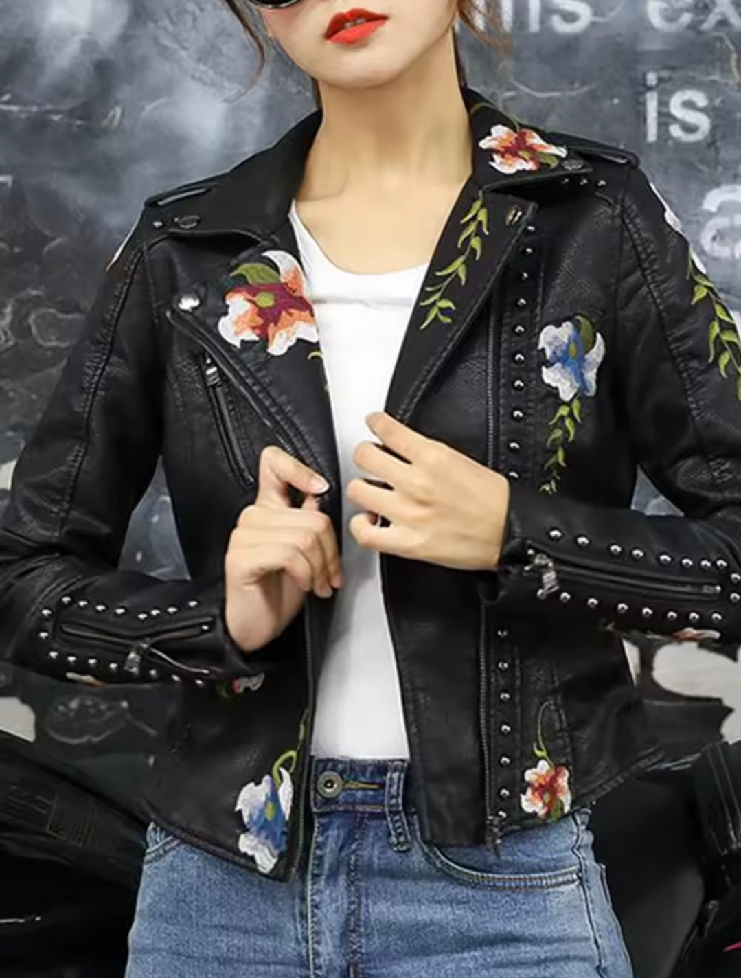 Women's Floral Print Embroidery Faux Soft Leather Jacket, Punk Rivet Outerwear, Black, Punk, Motorcycle Coat, Faux, Female