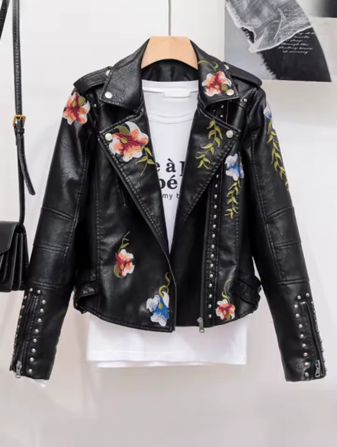 Women's Floral Print Embroidery Faux Soft Leather Jacket, Punk Rivet Outerwear, Black, Punk, Motorcycle Coat, Faux, Female