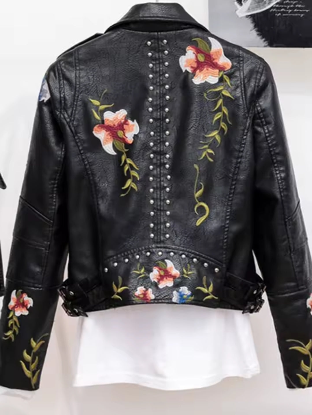 Women's Floral Print Embroidery Faux Soft Leather Jacket, Punk Rivet Outerwear, Black, Punk, Motorcycle Coat, Faux, Female