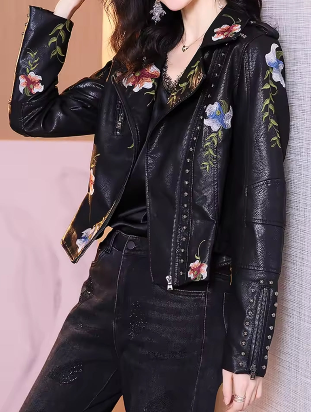 Women's Floral Print Embroidery Faux Soft Leather Jacket, Punk Rivet Outerwear, Black, Punk, Motorcycle Coat, Faux, Female