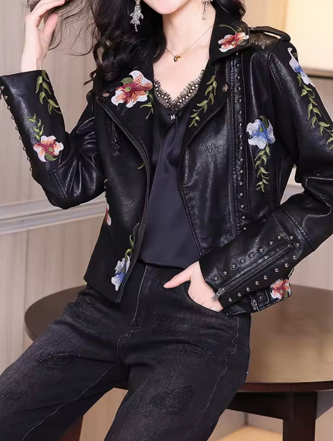 Women's Floral Print Embroidery Faux Soft Leather Jacket, Punk Rivet Outerwear, Black, Punk, Motorcycle Coat, Faux, Female