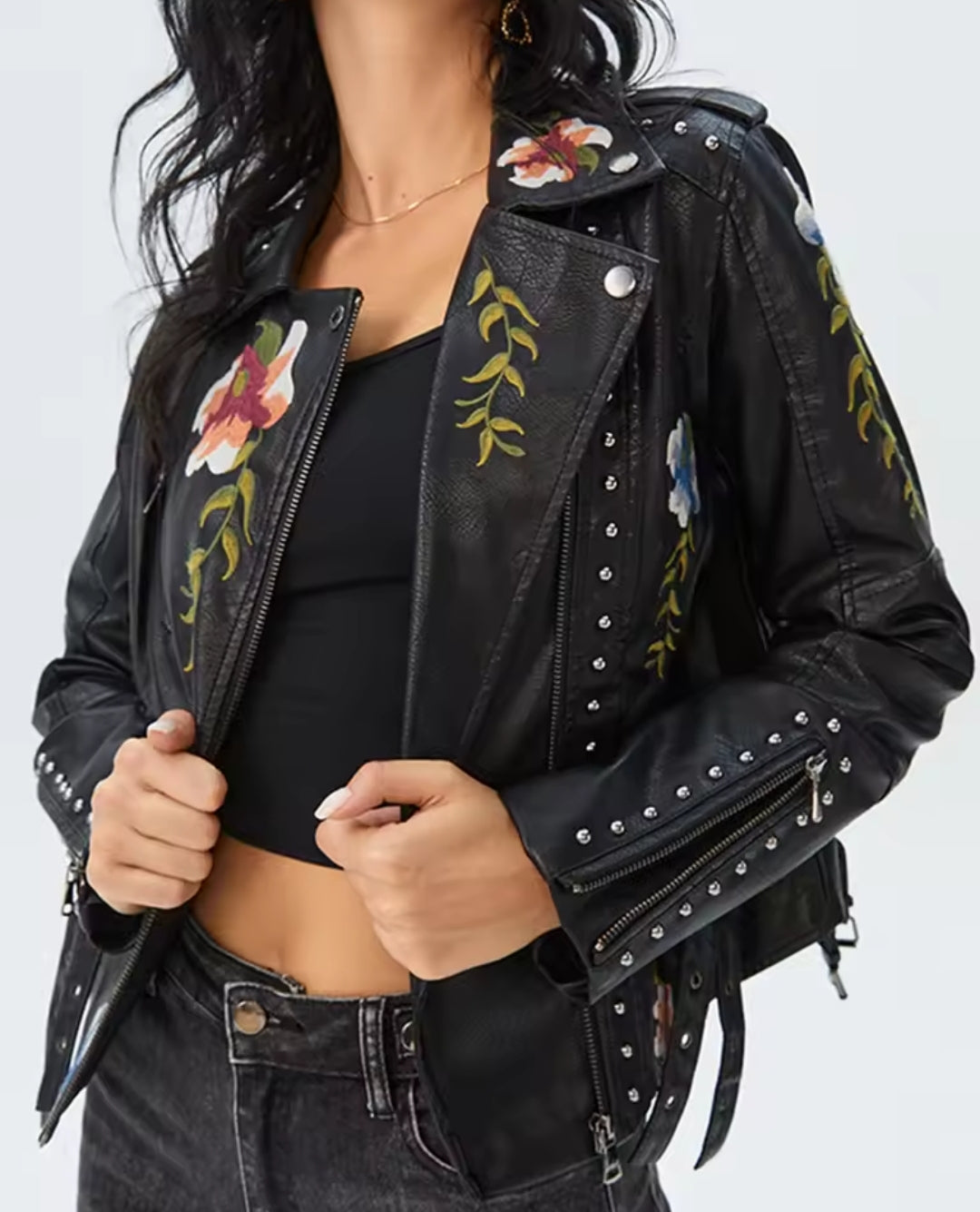 Women's Floral Print Embroidery Faux Soft Leather Jacket, Punk Rivet Outerwear, Black, Punk, Motorcycle Coat, Faux, Female