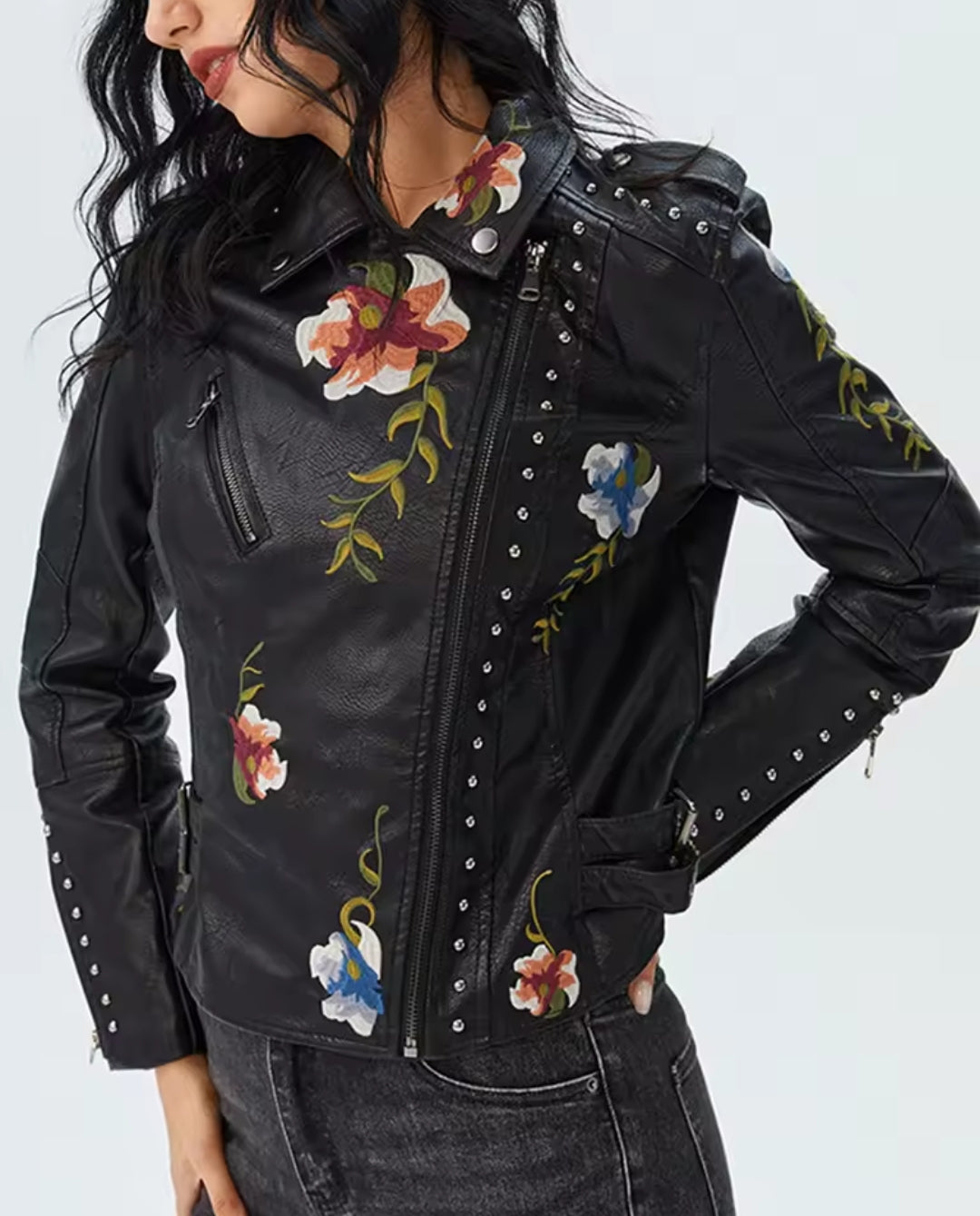 Women's Floral Print Embroidery Faux Soft Leather Jacket, Punk Rivet Outerwear, Black, Punk, Motorcycle Coat, Faux, Female