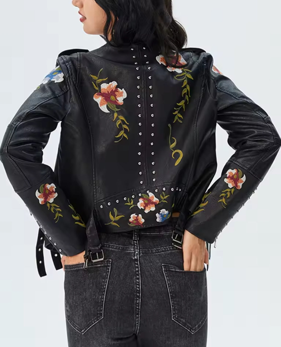 Women's Floral Print Embroidery Faux Soft Leather Jacket, Punk Rivet Outerwear, Black, Punk, Motorcycle Coat, Faux, Female