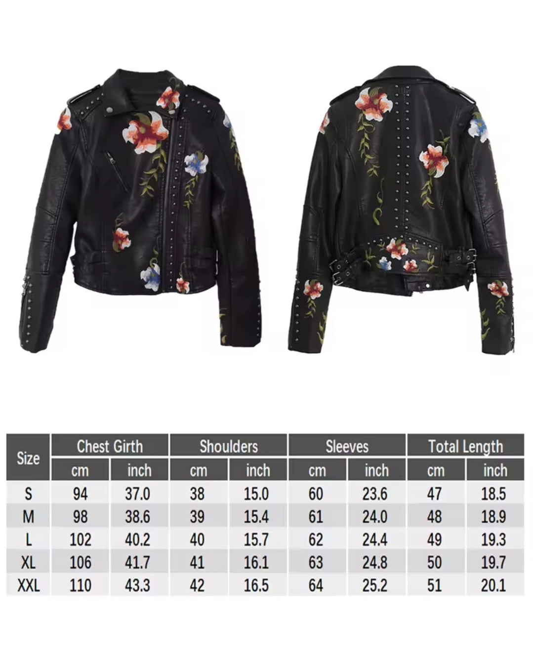 Women's Floral Print Embroidery Faux Soft Leather Jacket, Punk Rivet Outerwear, Black, Punk, Motorcycle Coat, Faux, Female