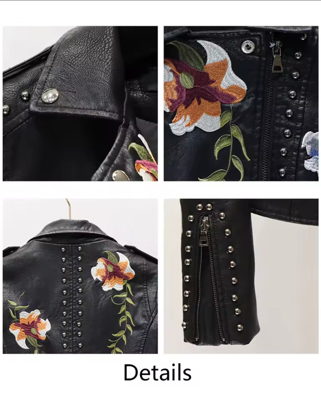 Women's Floral Print Embroidery Faux Soft Leather Jacket, Punk Rivet Outerwear, Black, Punk, Motorcycle Coat, Faux, Female